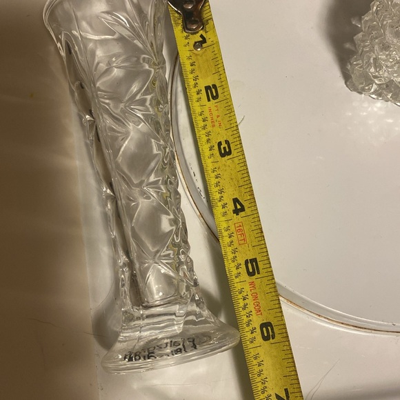 Pfaltzgraff Small Crystal Bud Vase and Two Pressed Gass Glass Decanter and vase - Picture 3 of 5